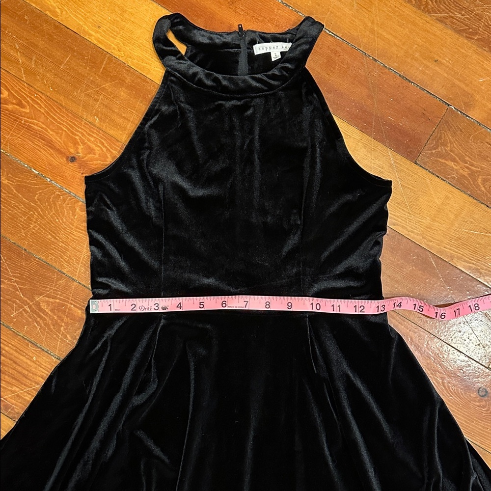 Black Velvet Halter fit and flare twirl skirt Dress by Copper Key with stretch - Picture 8 of 9